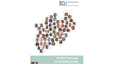 Teilprojekt IQ NRW mit NRW-Karte (Ehrenamtliche, der jeweiligen Region) | Quelle: © MOZAIK gGmbH
